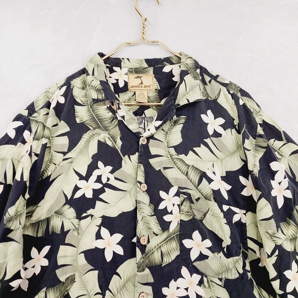 Jamaica Jaxx Hawaiian Camp 100% Silk Black Green Yellow Men's Shirt P6572 - Picture 3 of 8